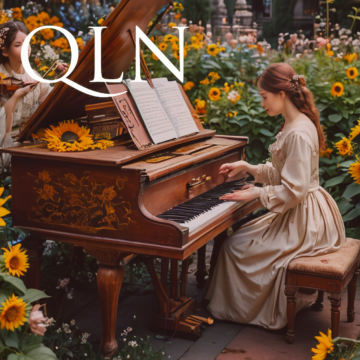 two small women in a garden playing harpsichord